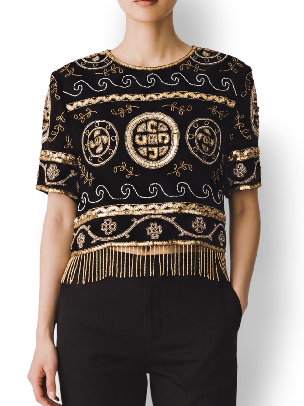 Vintage A.J. Bari Black Silk Beaded Sequin Fringe Top Medium